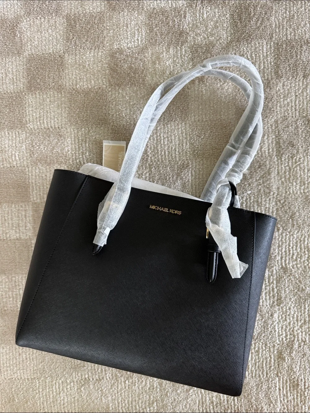 Michael Kors Women’s Black Logo Tote 3-Piece Set Zip Gold Hardware Pouch Strap